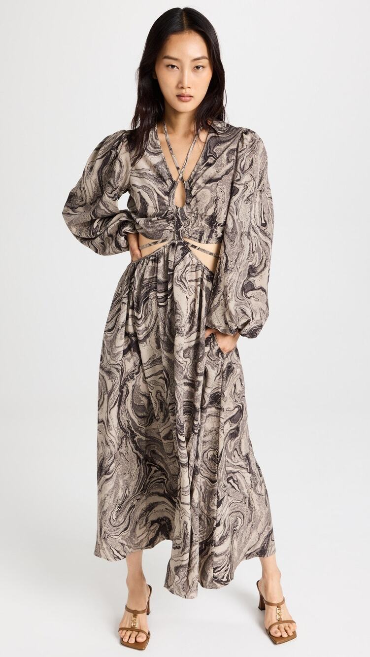 Moon River Marble Print Cut Out Long Sleeves Midi Dress - M